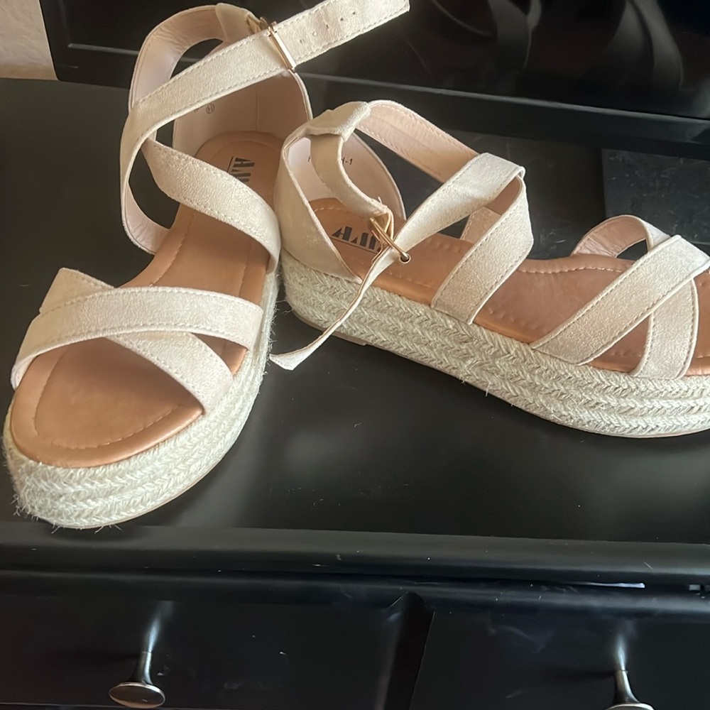 Tan suede and rope bottom sandals